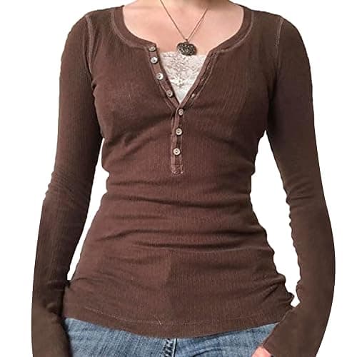Fairy Grunge Shirt for Women Y2K Lace Patchwork Long Sleeve Henley Top Coquette Aesthetic Cute Shirts for Teen Girls - Image 1