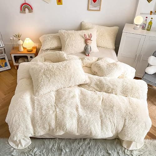 chovy Kids Girls Faux Fur White Comforter Sets Twin/Full - 3PC Bed Set Skin Friendly Soft Warm Comfortable Classical Rabbit Plush Velvet Flannel Fluffy Fuzzy Bedding(Comforter x 1 Pillowcases x 2) - Image 1