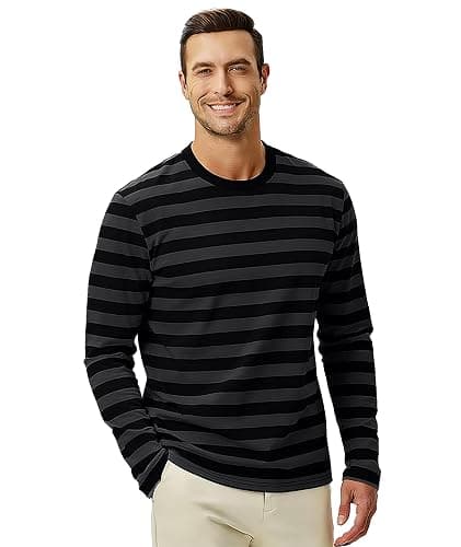 KESIHAN Mens Striped Long Sleeve Shirt Crewneck Casual Basic Stripe Tee | Crewneck long sleeve striped tee with cotton spandex fabric,casual regular fit basic style for daily wear and layering. thumbnail 2