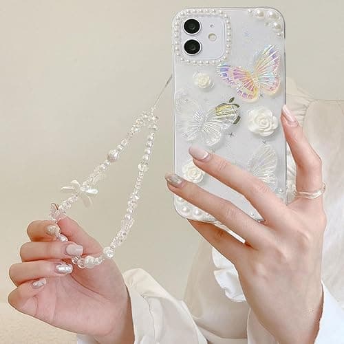 Changjia for iPhone 17 Clear Glitter Case, Cute Girly 3D Butterfly Floral Flowers Crystal Pearl Bling Sparkle Shiny with Wrist Strap Soft TPU Aesthetic Women Girls Phone Case for iPhone 17 6.3", Clear thumbnail 7