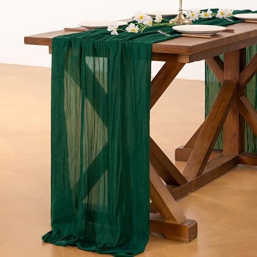 Cheesecloth Table Runner Fall Boho Wedding Birthday Party Home Decor | Emerald Green 2pcs Rustic Gauze 10FT Cheese Cloth Sheer Farmhouse Runner for Baby Shower Bridal Holiday Decorations thumbnail 5