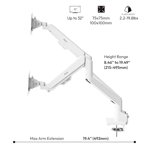 Pixio PS1D Wave White Dual Monitor Arm Stand Desk Mount - Fits up to 32 inches Monitors and up to 19.8lbs. VESA Compatibility and Integrated Cable Management thumbnail 4