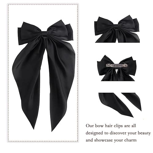 FYIMUYI Silky Satin Oversized Long-tail Bow Clip, Large Black Hair Bow for Women Girl, Hair Accessories with Long Tail, 1Pcs thumbnail 3