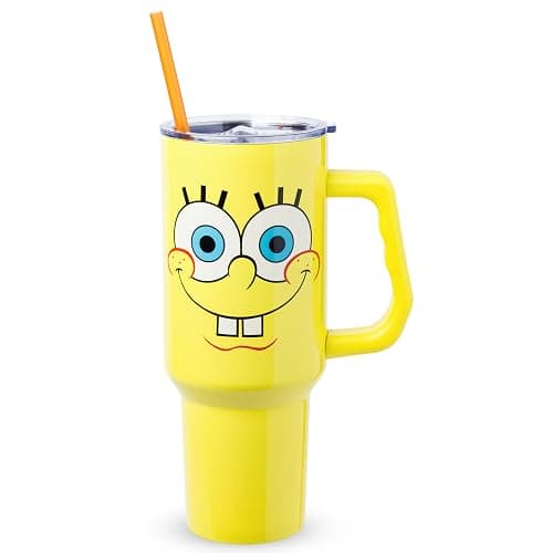 Silver Buffalo SpongeBob SquarePants Stainless Steel Tumbler with Handle, Fits in Standard Cup Holder, 40 Ounces - Image 1
