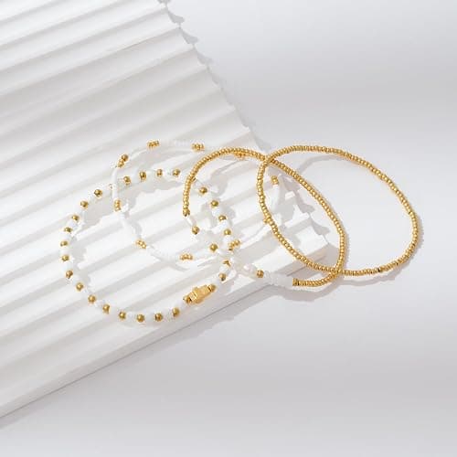 Pymach Dainty Gold Plated Pearl Crystal Beaded Bracelets Set for Women 14K Gold Plated Bead Pearl Beads Bracelet Stackable Paperclip Link Chain Bracelets Gold Plated Bracelets for Women Trendy Jewelry thumbnail 3