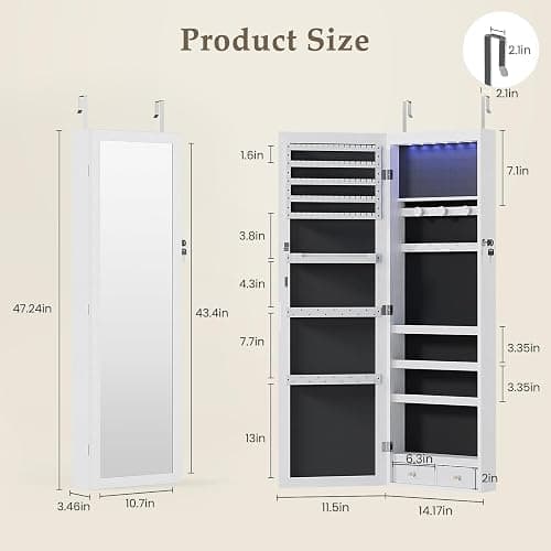 DUMOS 6 LEDs Mirror Jewelry Cabinet, Wall or Door Mounted Jewelry Organizer, 47.2-Inch Tall Lockable Large Capacity Cosmetic Storage, Gift Idea thumbnail 2