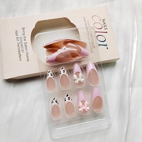 24Pcs Pink French Tip Press on Nails Medium Almond QUNQINLI Valentines Fake Nails Press ons Nail Tip Kit 3D Bow False Nails Leopard French Acrylic Glue on Nails Nude Stick on Nail for Women thumbnail 5