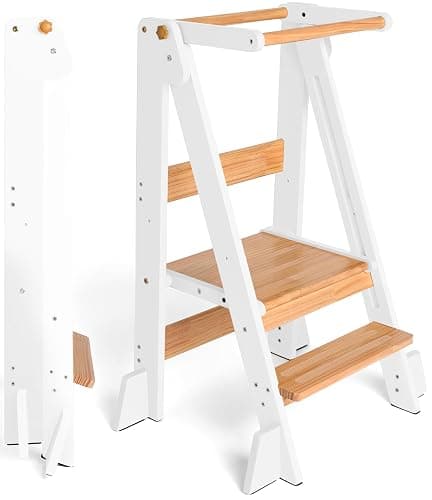 OCODILE Adjustable Foldable Toddler Tower – Folding Tower for Kids | Montessori Toddler Kitchen Step Stool Helper for Independence - White - Image 1