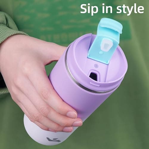Konokyo 12oz Travel Coffee Mug with Lid, Insulated Stainless Tumbler | Purple White; BPA-free, leak-proof travel mug for hot coffee, iced coffee, office, home, camping, commute & daily use thumbnail 5