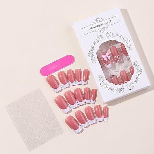 YKZFUI French Tip Press on Nails with Charms Medium Fake Nails White French Nails Press ons Cute Bow Stick on Nails Long Square Shape Acrylic Nails Heart Nails Rhinestones Nails for Women Daily Wear thumbnail 6