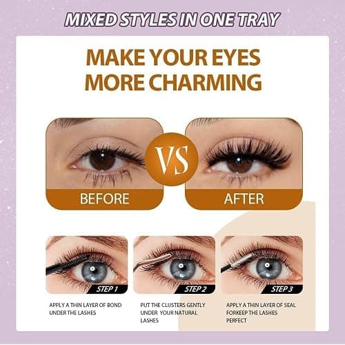 FANDIQ Cluster Lashes Kit with Lash Glue&Remover 40D+50D+60D+80D+100D+120D | 560pcs,Fluffy Volume ,Tweezers,Brush,Individual Eyelashes Kit 8-16mm D Curl Strip Lashes for Everyday Wear Beginner Friendly thumbnail 6