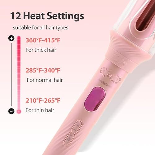 Automatic Rotating Curling Iron Hair Curler for Kids, Sakura Pink | Anti-Scald Adjustable 210-410℉ 12 Temperature Settings 3 Smart Timer Modes Dual Voltage Ceramic Curling Wand thumbnail 5