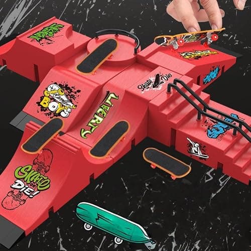 Fingerboard Skate Park Kit,Skateboard Finger Toys with 13 Pieces of Skateboards, Ramps, Skates, Scooters, Bikes and Caster Boards, funny Mini Finger Board Skate Training parts (RED) thumbnail 2