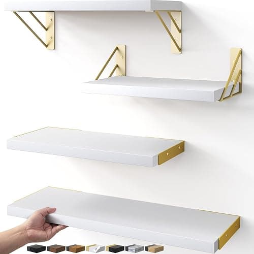 BAYKA Wall Shelves for Bedroom Decor, Floating Wall Shelf for Living Room Kitchen Storage, Mounted Rustic Wood Shelves for Kids Books, Christmas Decorations for Room(White and Gold，Set of 4) - Image 1