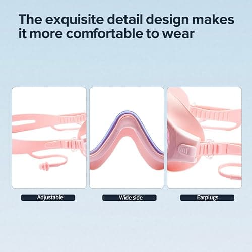seasprint Swim Goggles, Wide View Clear View Swimming Goggles for Adult, Anti-Fog UV Protection No Leak Vision Pool Goggles - Dazzling Mirror Pink Frame. thumbnail 4