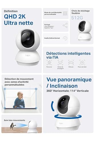 Tapo C210 Caméra WiFi Intérieure 2K 3MP, Rotation 360°, Détection de Personne&Pleurs de Bébé, Vision Nocturne, Audio Bidirectionnel, Stockage Cloud&microSD 512 Go, Alexa et Google Assistant thumbnail 2