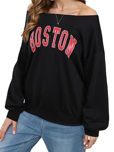 Avanova Women West Coast Graphic Off Shoulder Sweatshirt Boat Neck Long Sleeve Oversized Pullover Shirt thumbnail 3