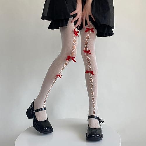 TUSFTAY Women Lolita Tights with Bows Cute Mesh Hallow Harajuku Stockings 80S 90S Female Girls Gothic Lace Stockings Leggings thumbnail 3