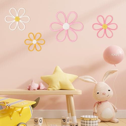 Ganeen Boho Nursery Woven Daisy Flowers Daisy Wall Decor Nursery Decor Macrame Wall Hanging Supply for Girl Bohemian Art Home Bedroom Room Flowers Set of 4(6 Petals) thumbnail 4