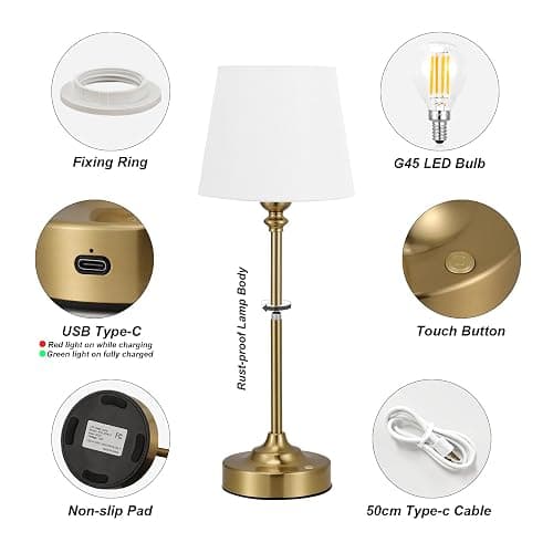 Cordless Table Lamp Rechargeable Gold - 1 Pack Brass 4000mAH Battery Operated Lamp for Decor, 3000K Stepless Dimming Touch Control Wireless Lamp for Bedroom, Dining Table, Counter, Living Room thumbnail 5