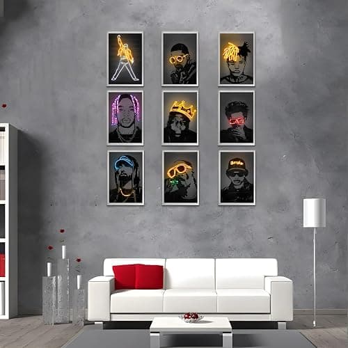 AKRFUWE Printed Posters, 9Pcs Rapper Singers Neon Design Decorative Abstract Modern Paintings Wall Art Prints Unframed Decor for Home Office Bedroom Living Room Bathroom (Rapper Singers-1, 12x18 inch - 12x18 inch Unframed - Rapper Singers-1 thumbnail 2