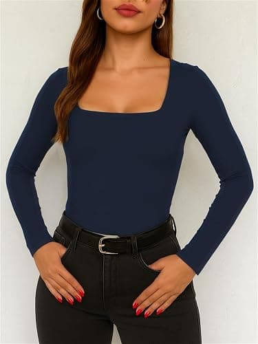 ForeFair Women Square Neck Long Sleeve Going Out Tops Tight Double Lined Basic Tees Shirt thumbnail 7