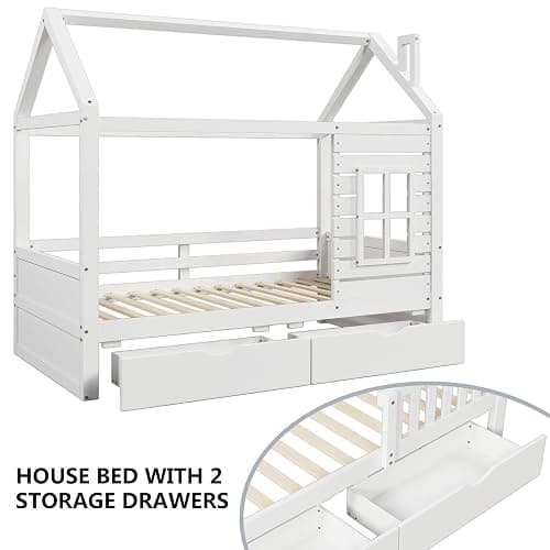 Aoowow Twin Size Kids House Bed with 2 Drawers, Wooden Twin Bed Frame with Window and Roof for Bedroom, Modern Twin Size Kid Playhouse Bed with Slats for Boys Girls, Can be Decorated, White thumbnail 7