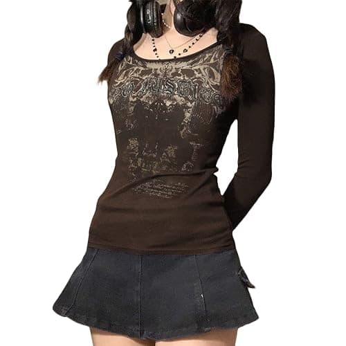 Graphic Tees for Women Teen Girls Aesthetic Grunge Gothic Clothes Y2k Shirt Knit Basic Long Sleeve Top Fall thumbnail 3