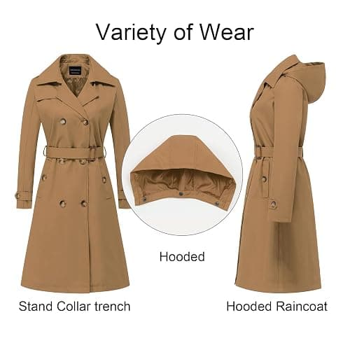 CREATMO US Women's Long Trench Coat Double-Breasted Classic Lapel Overcoat Belted Slim Outerwear Coat with Detachable Hood thumbnail 3