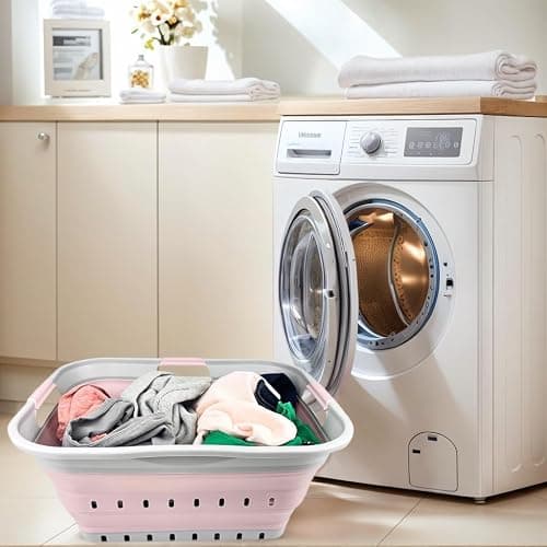 SAMMART 42L (11 gallon) Collapsible Plastic Laundry Basket - Foldable Pop Up Storage Container/Organizer - Portable Washing Tub - Space Saving Hamper/Basket (Grey/Pale Pink) thumbnail 2