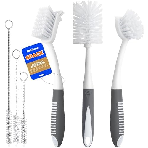 Holikme 6 Pack Dish Brush Set with Bottle Brush, Dish Scrub Brush, Pan Brush and 3 Straw Brushes, Deep Cleaning Handle Brush with Scraper Tip for Kitchen Sink Dishes Bottle Cup Pot and Pans (Gray) - Image 1