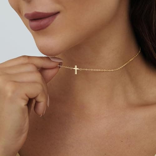 CAROVO Dainty Cross Pendant Necklaces for Women 14K Gold Plated Cute Faith Cross Necklace Sideways Cross Necklace Minimal Everyday Jewelry Gift thumbnail 5