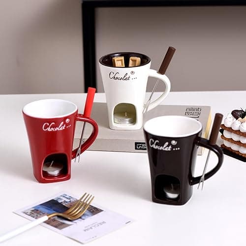 Ceramic Fondue Pot Set,Chocolate Fondue Mug with Forks,Ceramic Fondues Cup Gift Set,Butter Warmer Pot,Fondues Pot Melting Pot Set,Melt Hot Pots Bowl Set for Cheese Chocolate Butter(White) thumbnail 2