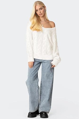 IWD Women's Oversized Sweaters Cable Knit V Neck Long Sleeve Pullover Sweater 2025 thumbnail 5