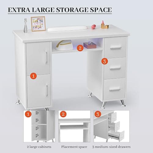 White Nail Desk for Nail Tech,Acetone-Resistant Manicure Table Nail Tech Desk with Drawers Nail Tech Table Station Storage Cabinet, Open Drawer, Wrist Pad, Metal Legs, for Beauty, Salon, Spa Makeup thumbnail 5