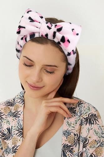 Huachi Pink Leopard Soft Microfiber Spa Headbands for Women Washing Face, Cute Skincare Headband with Bow, Face Wash Headbands for Teen Girls, Party Favors Bow Hair Band thumbnail 6