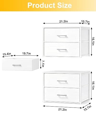 Fixwal Closet Drawers for Clothes, 2 Pack, 4 Drawers Stackable, 21.2" Wide | stacked height 32.2", 4 fabric storage drawers, wooden top, white, spacious storage, dresser for bedroom thumbnail 2
