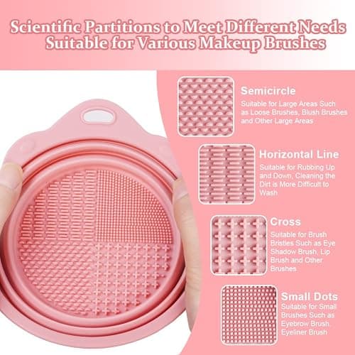 AUAUY Makeup Brush Cleaning Mat & Hanging Drying Net, Foldable Makeup Brush Cleaner, Silicone Brush Cleaning Bowl With Mesh Drying Rack Basket to Dry Makeup Sponge, Powder Puff, Brush(Pink) thumbnail 4