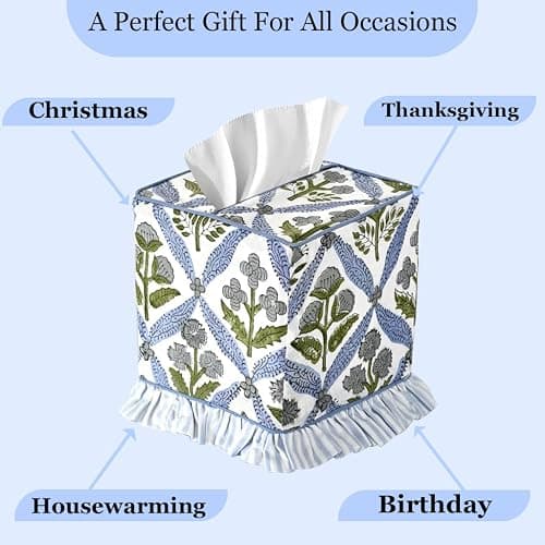 Ridhi Light Steel Blue Block Print Ruffle Tissue Box Cover Handmade Cotton Decorative Square Napkin Holder for Home Bedroom Living Room Bathroom Vanity Countertop Car Office Kitchen thumbnail 7
