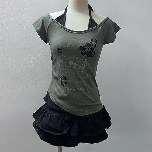 Emo Grunge Shirts Women 2000s Graphic Baby Tees Fake Two Piece Short Sleeve Vintage Y2k Crop Top Goth Alt Clothes - Grey Flower - Large thumbnail 2