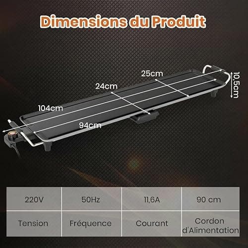 GOPLUS Plancha Électrique XXL 1800W, Thermostat Ajustable, Plancha Grille Table Antiadhésive & Lavable avec Poignée Rembourrée, Grande Capacité pour 8 Personnes, 94 x 25CM thumbnail 3