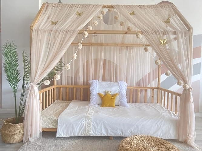 Baby Fancyroom Ciel de lit de Maison, décoration pour Chambre d'enfant, lit d'enfant, baldaquin, Guirlande de Pompons en Tulle de qualité supérieure (Beige, 380cm, +5 Papillons Dores) - Beige - 380cm, +5 Papillons dores thumbnail 4
