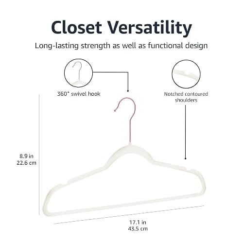 Amazon Basics Slim, Velvet, Non-Slip Sturdy Clothes Hangers, 50-Pack, Ivory/Rose Gold thumbnail 3