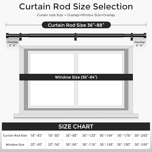 VOIIY Curtain Rods for Windows 48 to 84 Inch(4-7 Feet),Black 1'' Diameter Drapery Rods with End Cap Style Design,Modern Adjustable Heavy Duty Curtain Rod,Size:36''-88'' thumbnail 5
