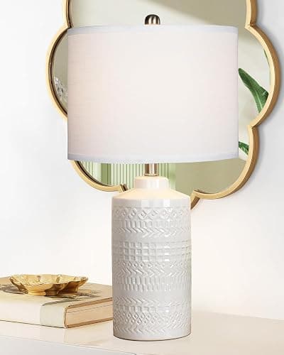 JUNNAI 24.5" White Ceramic Table Lamp 3-Way Dimmable Nightstand with White Linen Shade Bedside Lamp for Bedrooms & Living Room Office Reading(Bulb Included) thumbnail 5