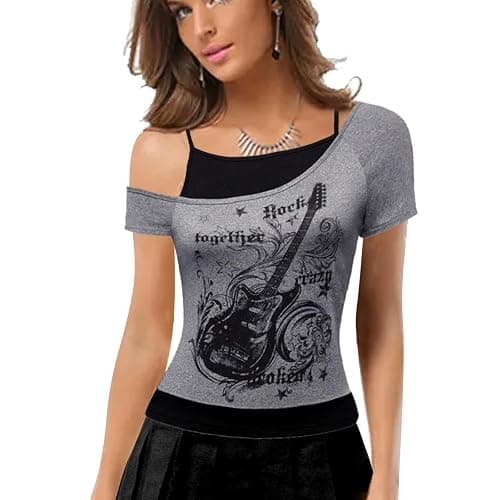 DAVBNM Grunge Clothes Y2k Vintage T Shirt Gothic Graphic Aesthetic Short Sleeve Punk Crop Top Streetwear Harajuku Summer for Teen Girls Black thumbnail 2