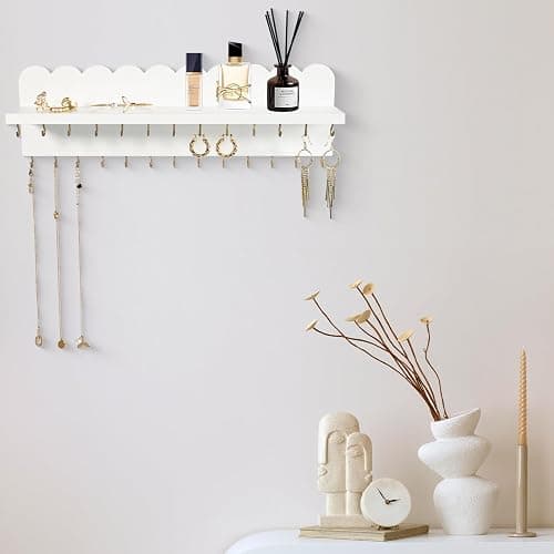 Lampaggio Wall Mount Jewelry Organizer with 26 Hooks and Cosmetics Shelf, Modern Wood Hanging Jewelry Holder for Necklaces, Bracelets, Earrings and Rings, White thumbnail 4