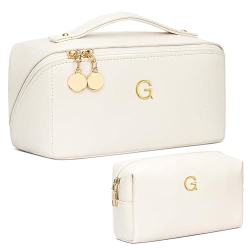 CLOUDWINGS Birthday Gifts for Women Teen Girl, Personalized Initial Makeup Organizer Bag Set, Open Flat Travel Cosmetic Bag With Clear Divider and Handle(Beige,G) - Image 1