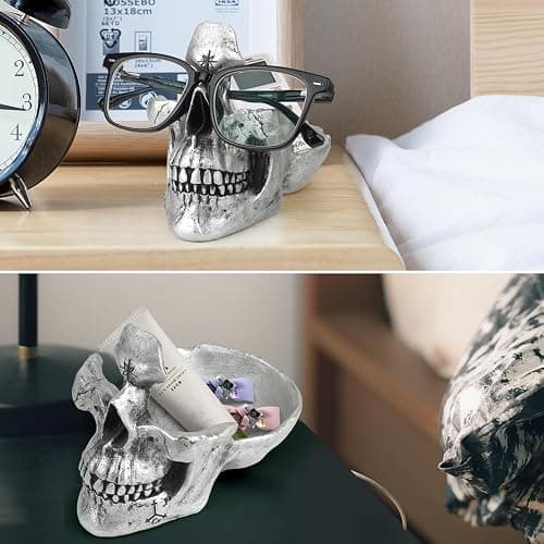 Mrlikale Skull Glasses Stand, Creative Eyeglasses Display Rack, Sunglasses Spectacle Holder, Key Holder Resin Sculptures for Entryway, Home, Office, Desk, Nightstand (Silver) thumbnail 6