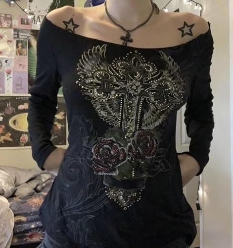 Grunge Shirts Emo Clothe Teen Girls Vintage Graphic Tee Y2k 2000s Goth Top Women Mcbling Long Sleeve Streetwear thumbnail 2